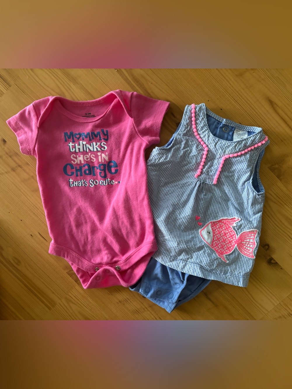 Pink Graphic Baby Onesie & Blue Stripe Fish One piece